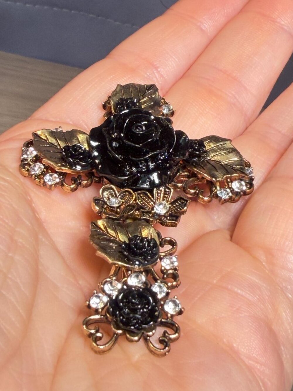Cross Brooch Black Rose Rhinestone Gold Tone Gothic OOAK 2.75” - Picture 6 of 10